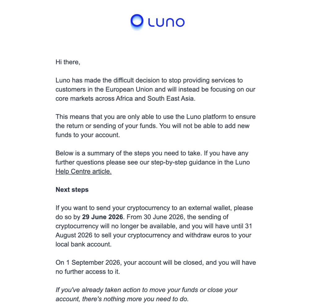 Luno pulling out of EU before MiCA deadline Luno pulling out of EU before MiCA deadline