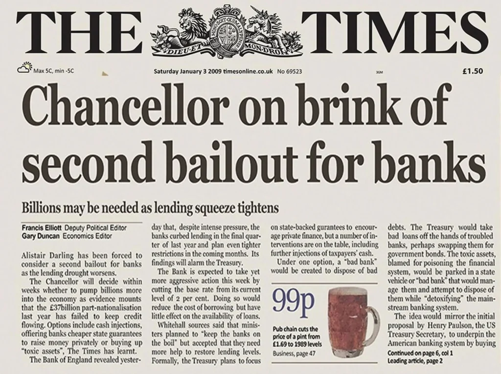 The Times Headline on January 3, 2009 Crypto and Capitalism: Disruption or Evolution?
