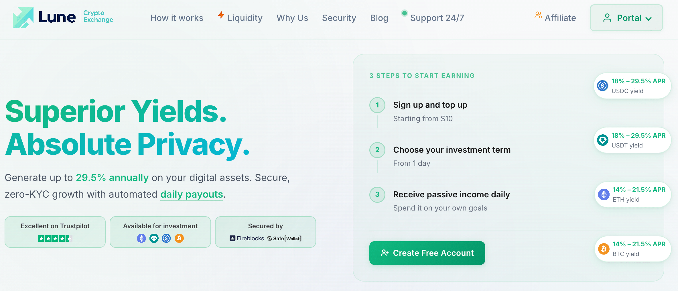 The Earn overview presents three steps: sign up and fund, choose a term, and receive daily income. The page advertises entry from $10, with stablecoin, Ethereum and Bitcoin pool options.