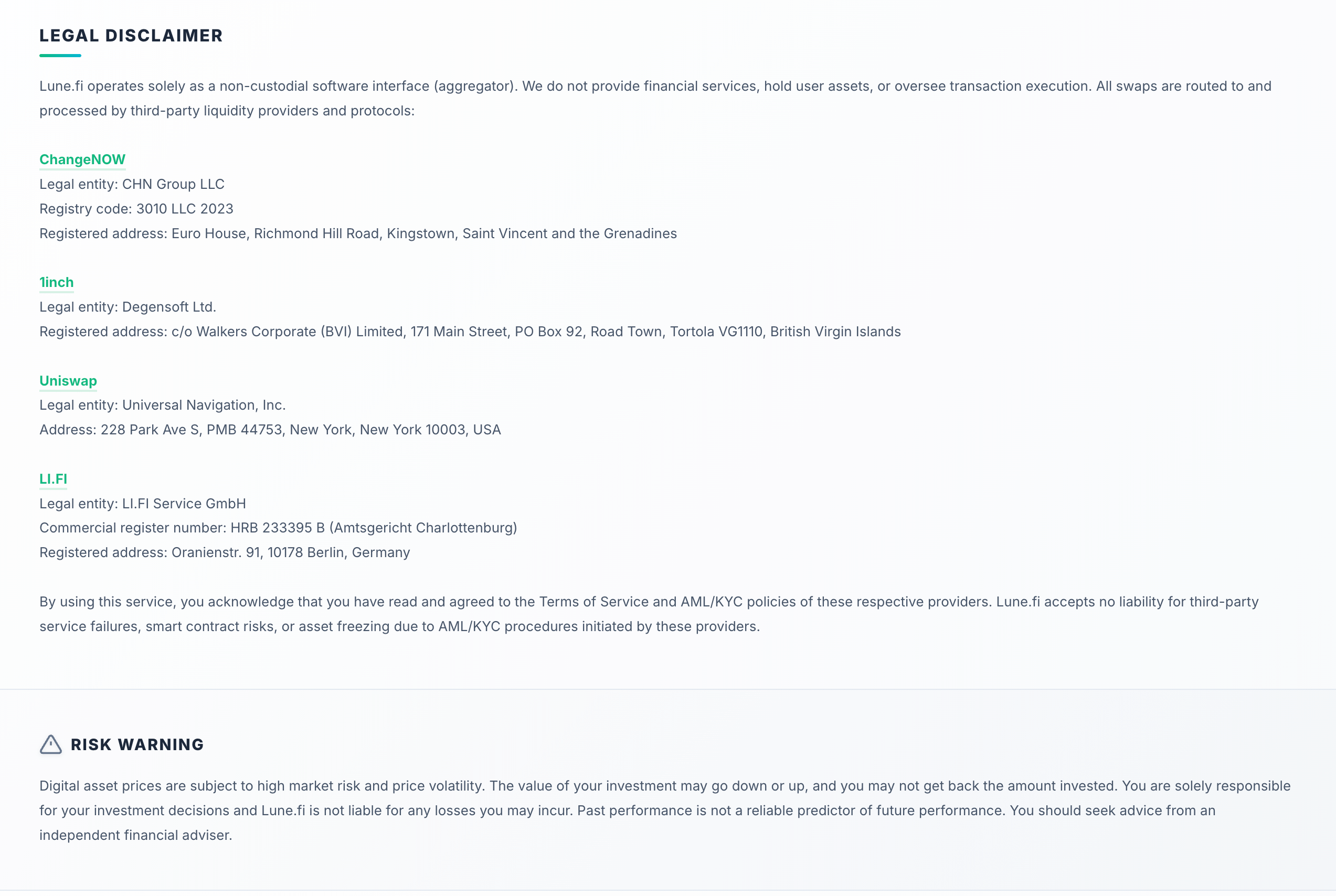 Lune.fi’s published swap disclaimer identifies its third-party providers and explains the applicable service and risk conditions.