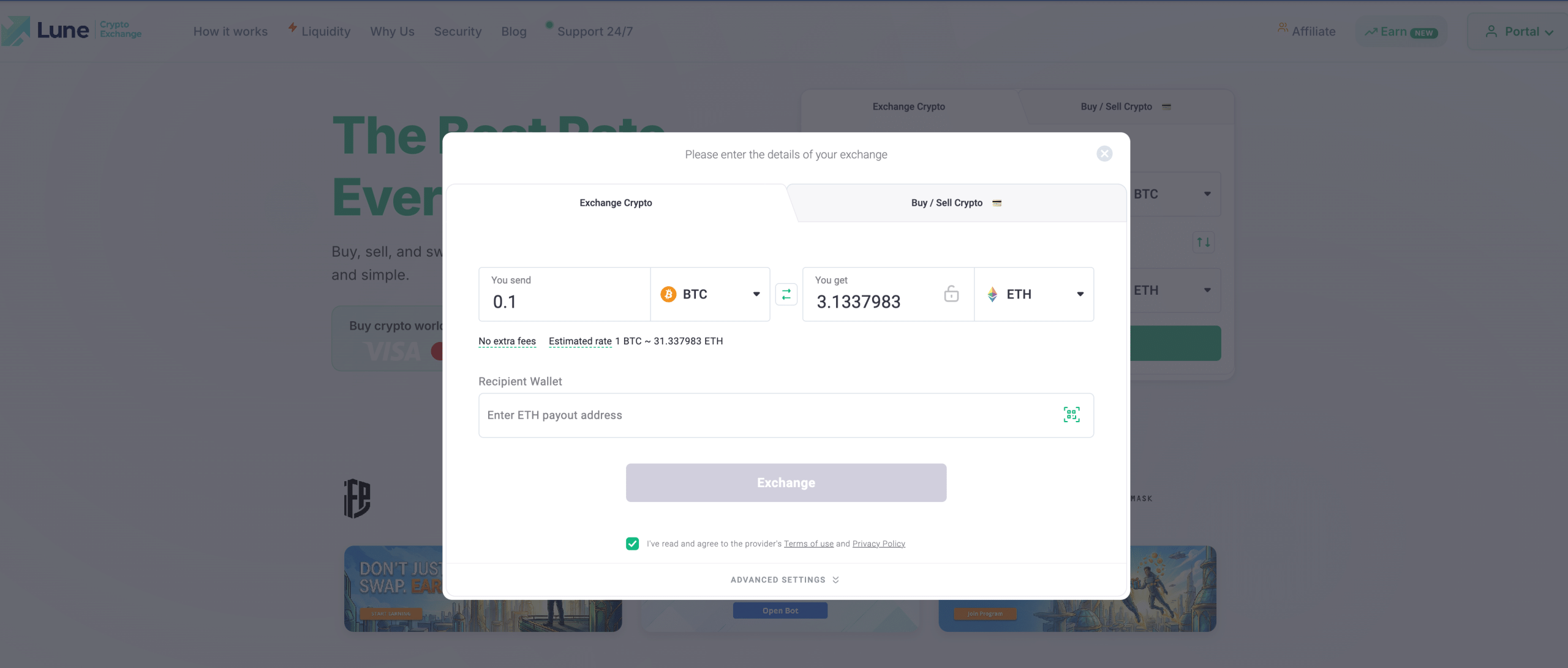 The swap form shows the send amount, estimated receive amount and recipient-wallet field before proceeding. The quote pictured is an illustrative screenshot.