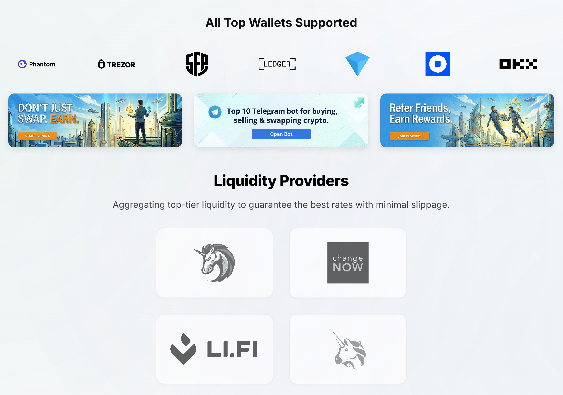 Lune.fi’s wallet and liquidity overview shows the providers listed for swap routing, alongside links to Earn, its Telegram app and referrals.